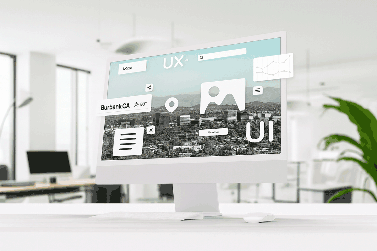Showing illustration of a website design element with the city of Burbank CA displayed in the background display of a monitor