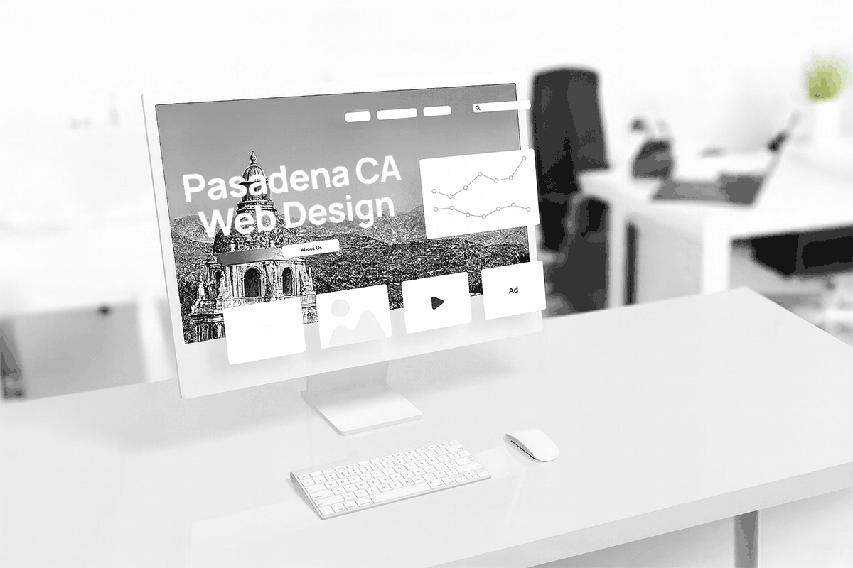 Showing an illustration of a website with city of Pasadena CA in the background of monitor